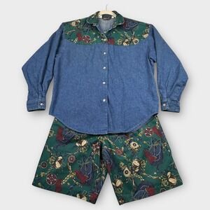VTG Willow Bend Shirt Shorts Set Womens Small Denim Equestrian USA 90s